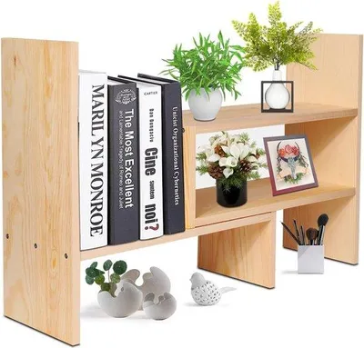 Produktbild von Unyqoos® Schreibtischregal aus Naturholz, 2‑teilig & ausziehbar (42–80 × 40 × 16,8 cm), 3 Ablagen, platzsparend, beige – Organizer für Bücher & Bürobedarf, einfache Montage
