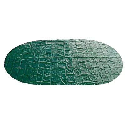 An oval-shaped green pool cover is laid out flat on a white background.