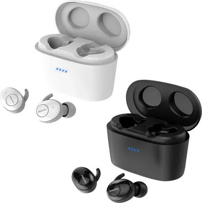 Two sets of Philips wireless earbuds and their charging cases, one white and one black, are displayed against a white background.