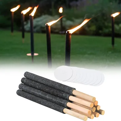 Produktbild von Wachsfackeln (10er Set), 90 Min Brenndauer – schwarz - Holzfackeln mit 65 cm Länge, sicherem Holzgriff & Handschutz für Garten & Events