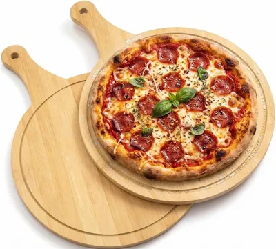 2er-Set runde Pizzabretter aus Bambus, 30 cm, mit Griff