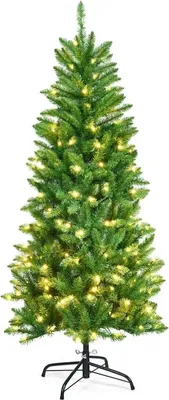 Image de Sapin de Noël artificiel - Mince 150 cm - Lumières LED blanc chaud - Système pliable - Support métallique - Aiguilles en PVC