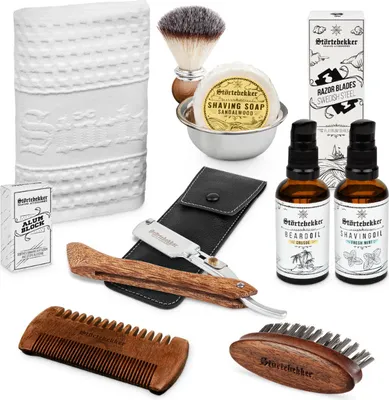 Produktbild von All-in-one Set Rasur & Bart - Rasiermesser mit Holzgriff – Lederetui Schwarz - Rasierset / Bartpflege Set Herren - Geschenkidee Herren Bartpflegeset