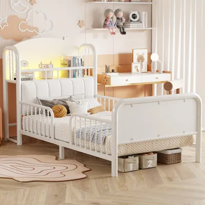 Zdjęcie produktu dla Łóżko dziecięce Flex, 90x200 cm, z podświetleniem LED, metalowe łóżko jednoosobowe z półką, metalowe łóżko dziecięce z barierką ochronną i listwami elastycznymi, klasyczne łóżko w kolorze białym