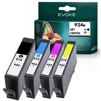 Produktbild von Evoke kompatible Tinte für HP 924e EvoMore HP924E 4x CMYK:Schwarz 4K0V0NE,Cyan 4K0U7NE,Magenta 4K0U8NE,Gelb 4K0U9NE 86,5 ml 3400 Seiten OfficeJet Pro 8122e 8124e 8125e 8128e 8132e 8134e 8135e 8138e 8139e, KI-generiertes Bild