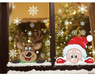 Image de Autocollants pour fenêtre, Noël, 6 pièces : Père Noël, renne, flocons de neige, électrostatiques, réutilisables