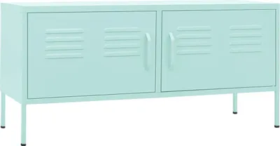 A mint green metal TV stand with two cabinet doors, each featuring horizontal vents and a handle. It is supported by four thin metal legs.