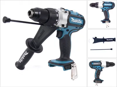 A collage of images showing a Makita cordless impact drill and its accessories.