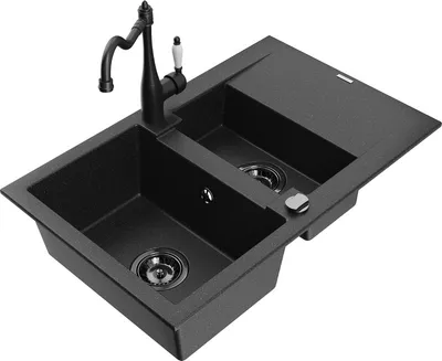 Produktbild von Mexen Gaspar 1,5-Becken-Granitspüle mit Abtropffläche und Mischbatterie Carla, Schwarz/Silber - 6507-73-670700-70-B