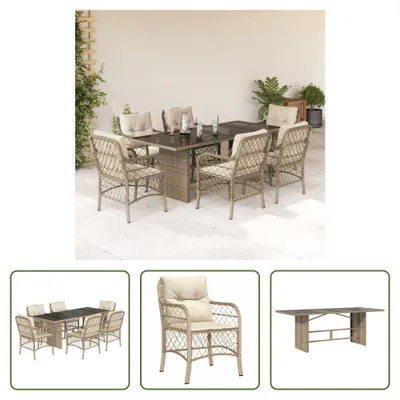 Produktbild von The Living Store 7-tlg. Garten-Essgruppe mit Kissen Beige Poly Rattan