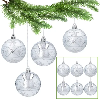 Produktbild von Silberne Weihnachtsbaumkugeln mit Glitzer aus Kunststoff, Weihnachtsschmuck 7 cm, 6 Stück x 1 Pack