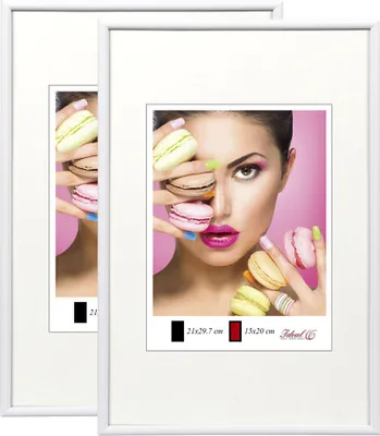 Two white picture frames are shown, each with a different image inside. The left frame shows a partial view of a woman holding macarons. The right frame shows a close-up of a woman's face with macarons covering her eyes and hands.