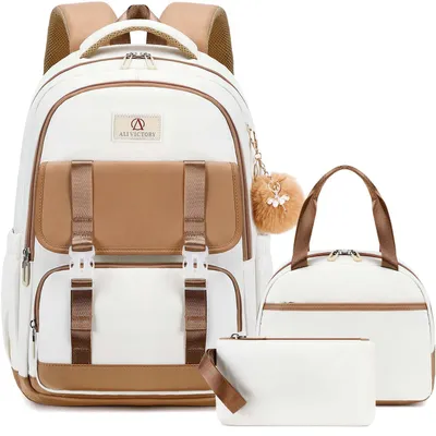 Immagine prodotto di Set di zaini scolastici 3-in-1 per ragazze e donne, con scomparto per laptop da 15,6 pollici, color marrone