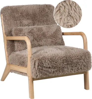 Zdjęcie produktu dla BELIANI Fotel beżowoszary tapicerowany sztucznym futrem materiałem drewniane nóżki z podłokietnikami i poduszką retro design