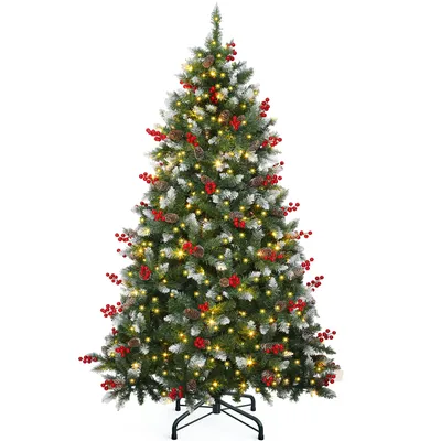 Produktbild von 230 cm Künstlicher Weihnachtsbaum mit Schnee und 550 LED Beleuchtung, 82 Kiefernzapfen, 82 Beeren, Tannenbaum mit 1398 Spitzen, Metallständer, KI-generiertes Bild