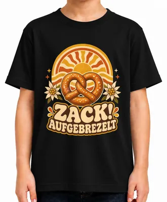 Immagine prodotto di Zack! Maglietta con motivo "Brezel" (pane bavarese), Edelweiß, abbigliamento tradizionale bavarese, pantaloni in pelle, maglietta per bambini, nera, taglia 104