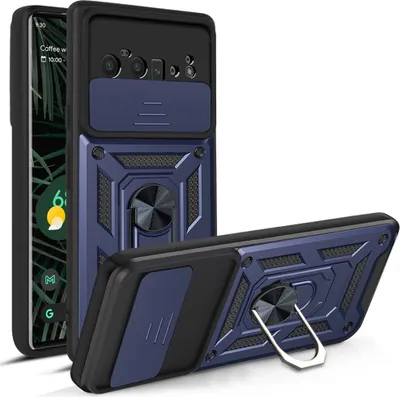 A Google Pixel 6 Pro phone case with a ring stand and camera cover, shown from two angles.
