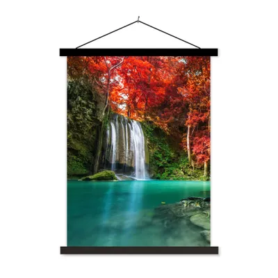 Produktbild von MuchoWow® Textilposter Wasserfall - Baum - Rot - Herbst - Wasser 40x53 cm mit schwarzem Rahmen - Abbildung