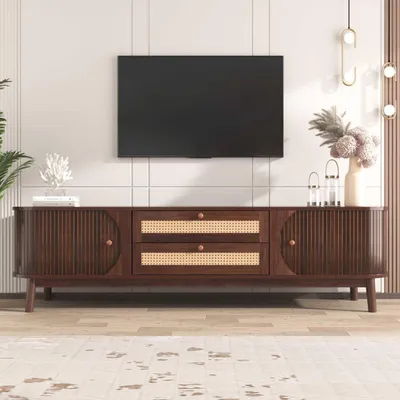 Produktbild von TV-Schrank mit Türen und Schubladen, Natürlicher Holz-Blend, Rattanseiten, Landhausstil, 170 x 39,5 x 46 cm