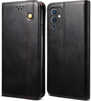 A black leather flip wallet case for a smartphone is shown from two angles.