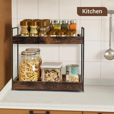 Produktbild von Kräuterregal Küchenregal Zweistöckiger Arbeitsplatten-Organizer - 33,5 x 20 cm - Holz und Metall - Stehend - Für Küche und Bad