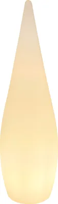 A lit, tear-drop shaped lamp on a white background.