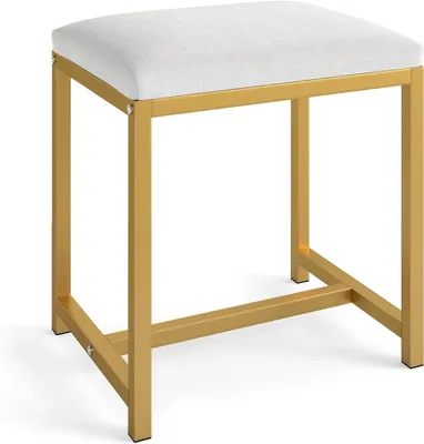 Produktbild von Schminkhocker mit gepolsterter Sitzfläche und Metallbeinen, moderner Polsterhocker für Schlafzimmer und Wohnzimmer, Weiß + Gold