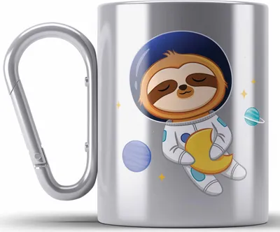Produktbild von Trendation - Süße Faultier Edelstahl Tasse Karabiner Geschenk Weltall Galaxie Geschenkidee Jungs Jungen Coole Grafik (Silber)