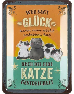 Produktbild von LANOLU Retro Blechschild KATZE Spruch -Wer sagt Glück- vintage Metallschilder mit Sprüchen, Shabby Chic Deko Farmhouse Katzen Deko, 15x20cm