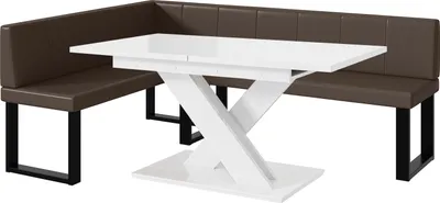 Produktbild von MEBLINI Eckbank für Esszimmer mit ausziehbarem Tisch - Küchenbank - Essecke - Sitzecke Küche - PETER - U-Beine 142x196x87cm Links - Braun Kunstleder/B Weiß Hochgl.