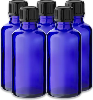 Produktbild von 5x Blaue Glasflasche 50 ml mit schwarzem Kunststoff-Schraubverschluss