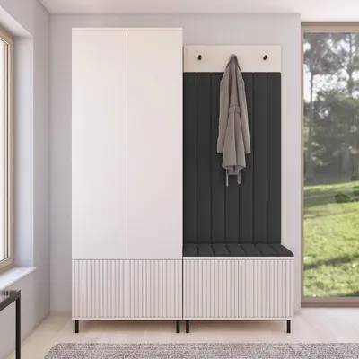 Produktbild von Garderoben-Set Ritmo Version 1 – gefräster Kleiderschrank mit hohen Füßen, gepolsterte Wandpaneele, Schuhschrank, für den Flur (cashmere, Trinity 16)