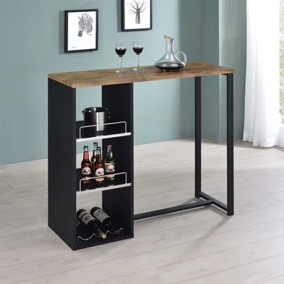 Produktbild von Bartisch PIAVA, schöner Stehtisch mit Regal, moderne Küchentheke mit Metallgestell in schwarz, schöner Bartresen mit Flaschenhalterung, praktische Küchenbar in Wildeiche Optik