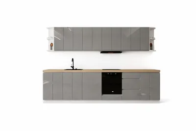 Produktbild von Küchenzeile 360 cm Einbauküche Küchenblock ohne E-Geräten Küche ohne Arbeitsplatte , Aspen KA16-M360, Grau/Hochglanz