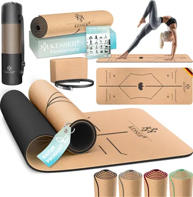 Produktbild von KESSER® Yogamatte Kork Inkl. Tragegurt Tasche & Yoga-Block Gymnastikmatte Yoga Matte rutschfest aus Naturkautschuk TPE Fitnessmatte, 183 x 62 Trainingsmatte für Fitness Sportmatte, Gymnastik extradick