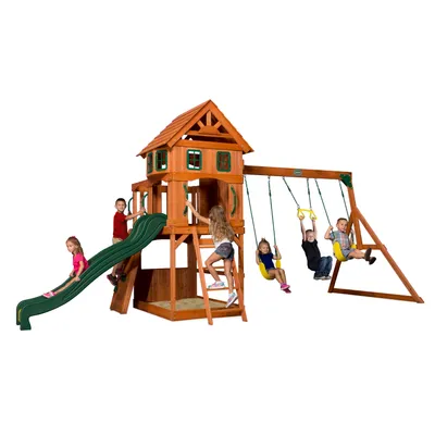 Produktbild von Backyard Discovery Spielturm Holz Atlantic | Stelzenhaus für Kinder mit Rutsche, Schaukel, Kletterwand | XXL Spielhaus / Kletterturm für den Garten