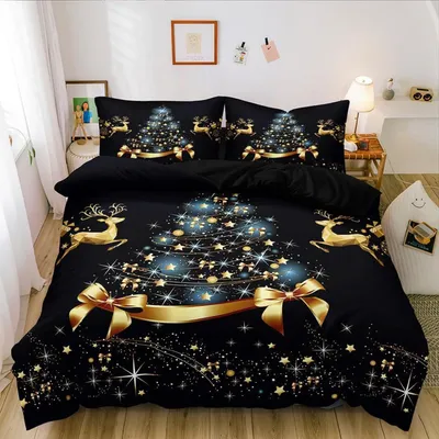 Productafbeelding van Beddengoedset 200x220 cm, zwart, goud, microvezel, kerstthema (hert), inclusief 2 kussenslopen van 80x80 cm