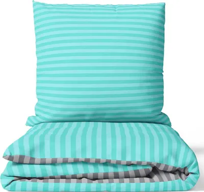 Produktbild von Bettwäsche 4-teilig Set 155x200 cm in Petrol Grau mit Streifenmuster und Reißverschluss aus PolyBaumwolle – Wendebettwäsche