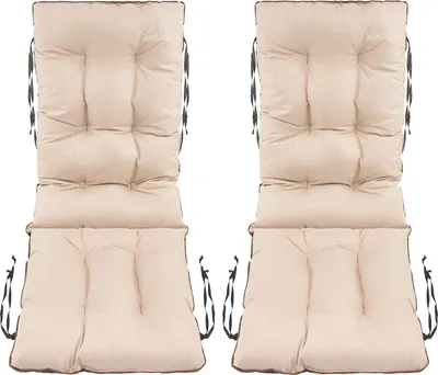 Two beige chair cushions are shown against a white background.