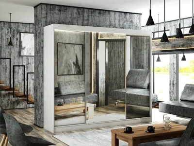 Produktbild von ALTDECOR Kleiderschrank mit Spiegel und Schiebetüren, kugelgelagerte Führungsschienen und Aluminium-Leisten 250 cm Weiß