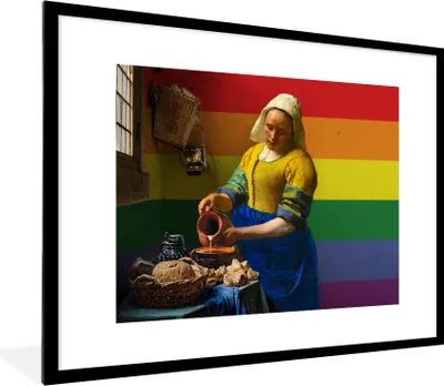 Produktbild von MuchoWow® Gerahmtes Poster Vermeer - Milchmädchen - Regenbogen 80x60 cm - Poster mit Schwarzem Bilderrahmen Wandposter Rahmen Foto Bilder - Schlafzimmer-Dekorationen - Fotoposter