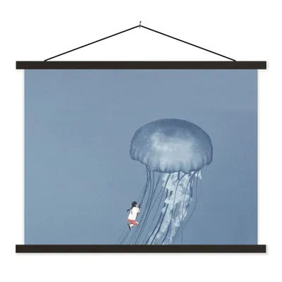 Produktbild von MuchoWow® Textilposter Kinder - Quallen - Meerestiere - Vintage 150x113 cm mit holzfarbenen Rahmen - Poster