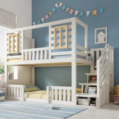 Produktbild von Kinderbett, Etagenbett mit Holzfenstern und Treppenschrank,mit 2 Liegeflächen,ohne Matratze 90x200 cm