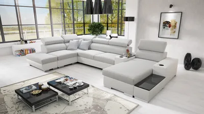 Produktbild von Wohnlandschaft in U-Form PERS V Ecksofa Eckcouch mit Schlaffunktion (Grau LUXO 6601 + weißes Kunstleder, Rechts)