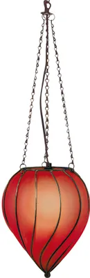 A hanging lamp with a red, bulbous glass shade and dark metal frame, suspended by chains.