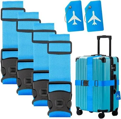 Produktbild von Famanu Kofferriemen Set von 4 - mit Gepäcklabel - verstellbare Gepäckriemen - blau - langlebig und robust