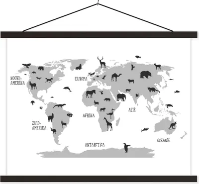 Produktbild von MuchoWow® Textilposter Kinder-Weltkarte Tiere - schwarz und weiß 40x30 cm mit schwarzem Rahmen - Dekorationen