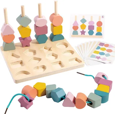Immagine prodotto di Giocattoli Montessori per bambini di 2, 3, 4 e 5 anni: gioco di infilatura, giocattoli da impilare, giocattoli in legno adatti dai 2 anni, per imparare i colori a partire dai 2 anni, giocattoli educativi