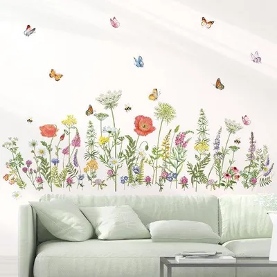 Image de Ibenzoa® Autocollants muraux, motifs fleurs et papillons – 2 feuilles (30 x 90 cm), imperméables et sans résidus, décorations pour chambre, salon, cuisine