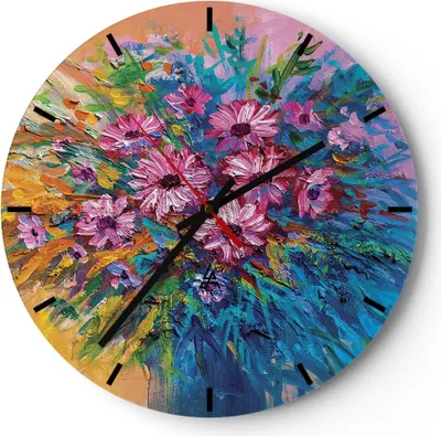 Produktbild von Wanduhr - Rund - Glasuhr - Blumenstrauß Blumen Öl - 40x40cm - Schleichendes Uhrwerk - Lautlos - zum Aufhängen bereit - Dekoration Modern - Wanddekoration aus Glas - C3AR40x40-4533